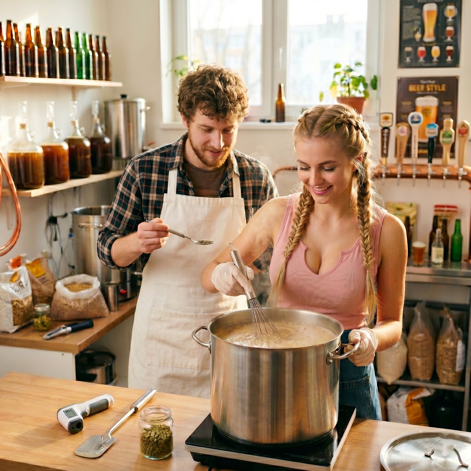 Kluk a holka v kuchyni vaří domácí pivo