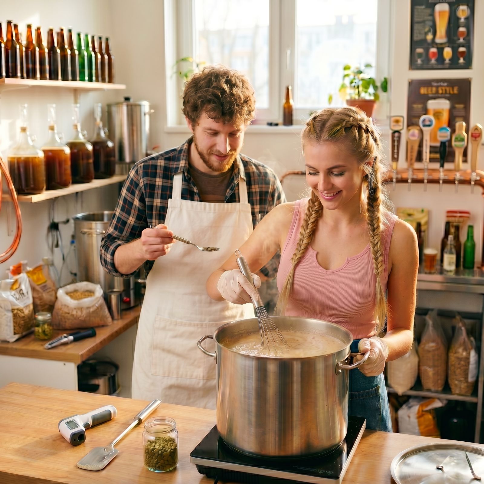 Kluk a holka v kuchyni vaří domácí pivo