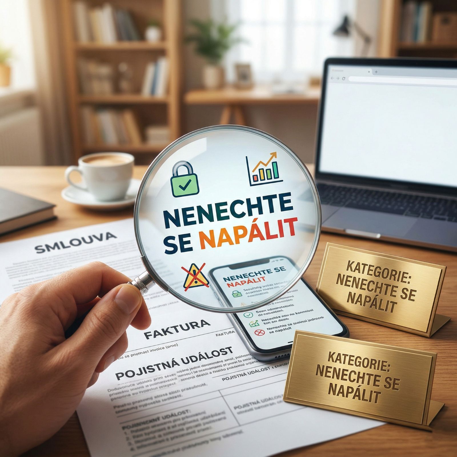 Lupa zvětšující nápis Nenechte se napálit nad dokumenty, smlouvami a fakturami, symbolizující ochranu spotřebitele a kontrolu smluv.