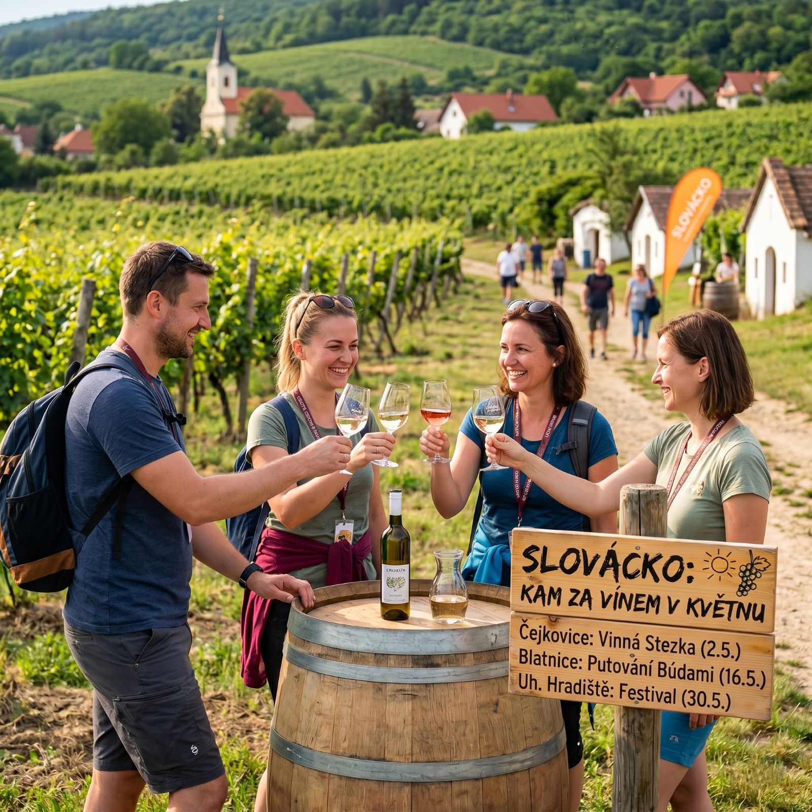 Čtyři lidé si připíjejí vínem ve vinici na Slovácku. Vedle nich je dřevěná tabule s programem květnových akcí, včetně vinařských stezek a festivalů, na pozadí malebné vesnice s kostelem a vinnými sklepy.