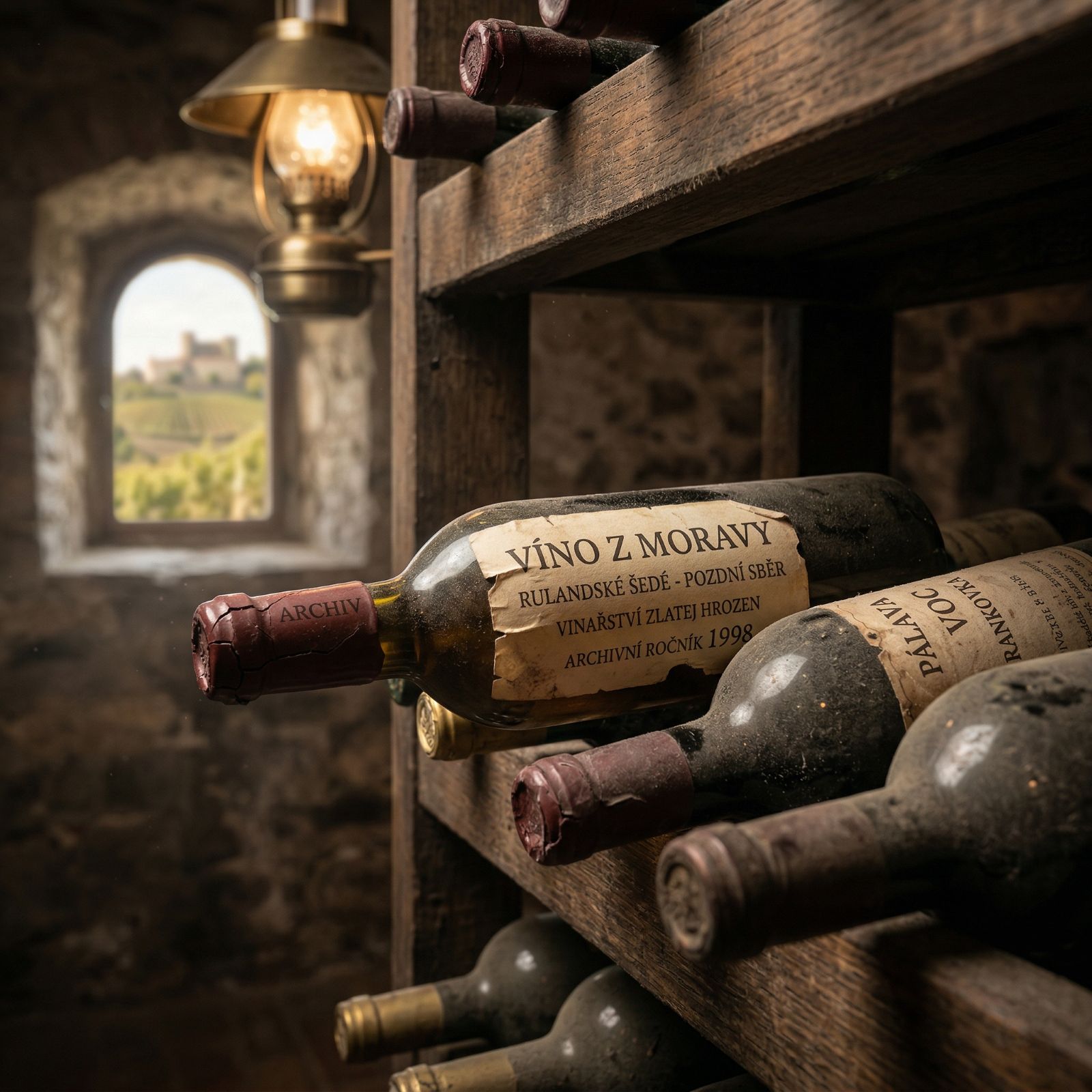 Detailní pohled na dusty lahve moravského vína zrající v historickém sklepě v Buchlovicích s výhledem na zámek