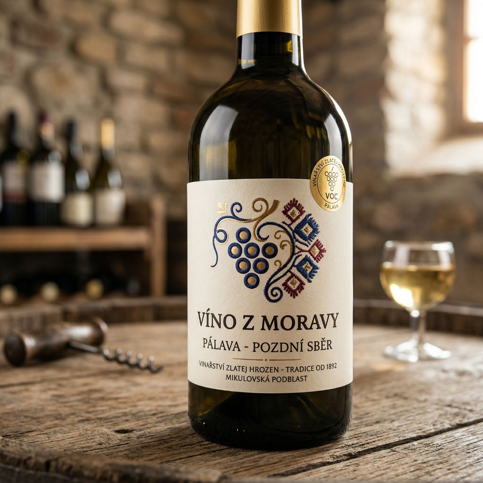 Detailní pohled na lahev moravského vína VOC Pálava s tradiční folklórní etiketou v historickém sklepě
