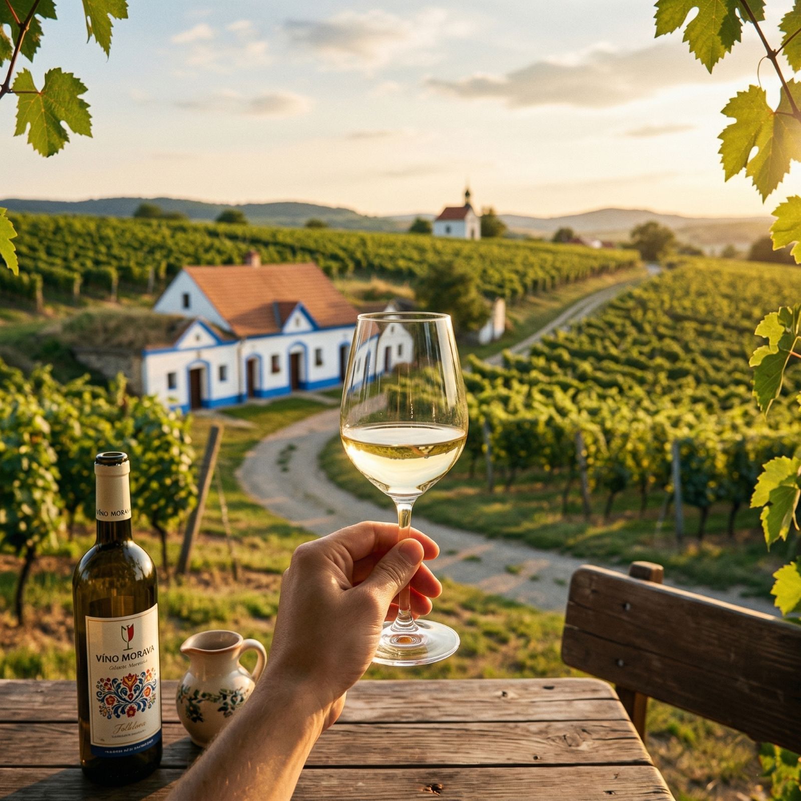 Sklenka bílého vína na pozadí moravských vinic a tradičního vinného sklípku