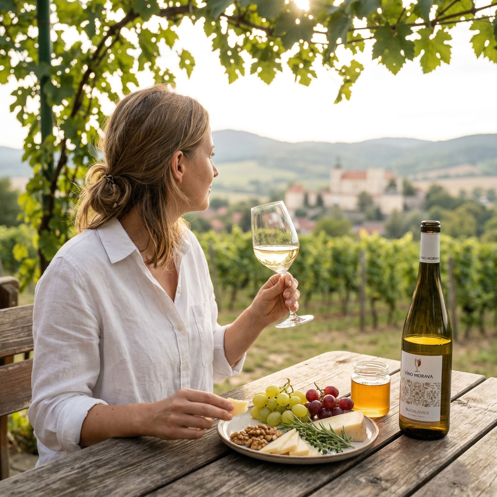 Žena si vychutnává sklenku moravského bílého vína s výhledem na Buchlovice a vinice v Zlínském kraji při zapadajícím slunci